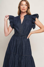 POWER DENIM GODDESS DARK INDIGO MIDI DRESS Flying Tomato