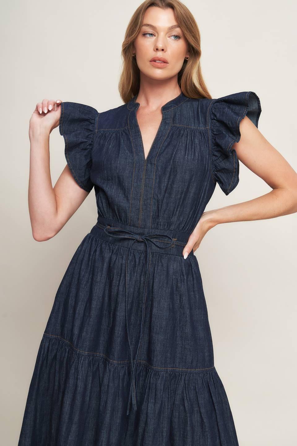 POWER DENIM GODDESS DARK INDIGO MIDI DRESS Flying Tomato