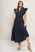 POWER DENIM GODDESS DARK INDIGO MIDI DRESS Flying Tomato