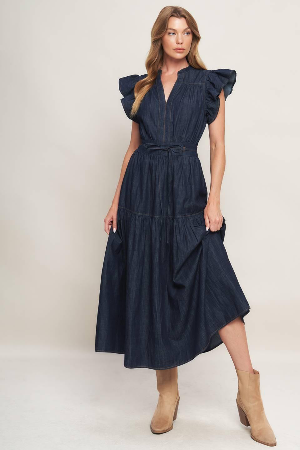 POWER DENIM GODDESS DARK INDIGO MIDI DRESS Flying Tomato