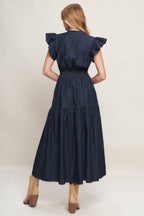 POWER DENIM GODDESS DARK INDIGO MIDI DRESS Flying Tomato
