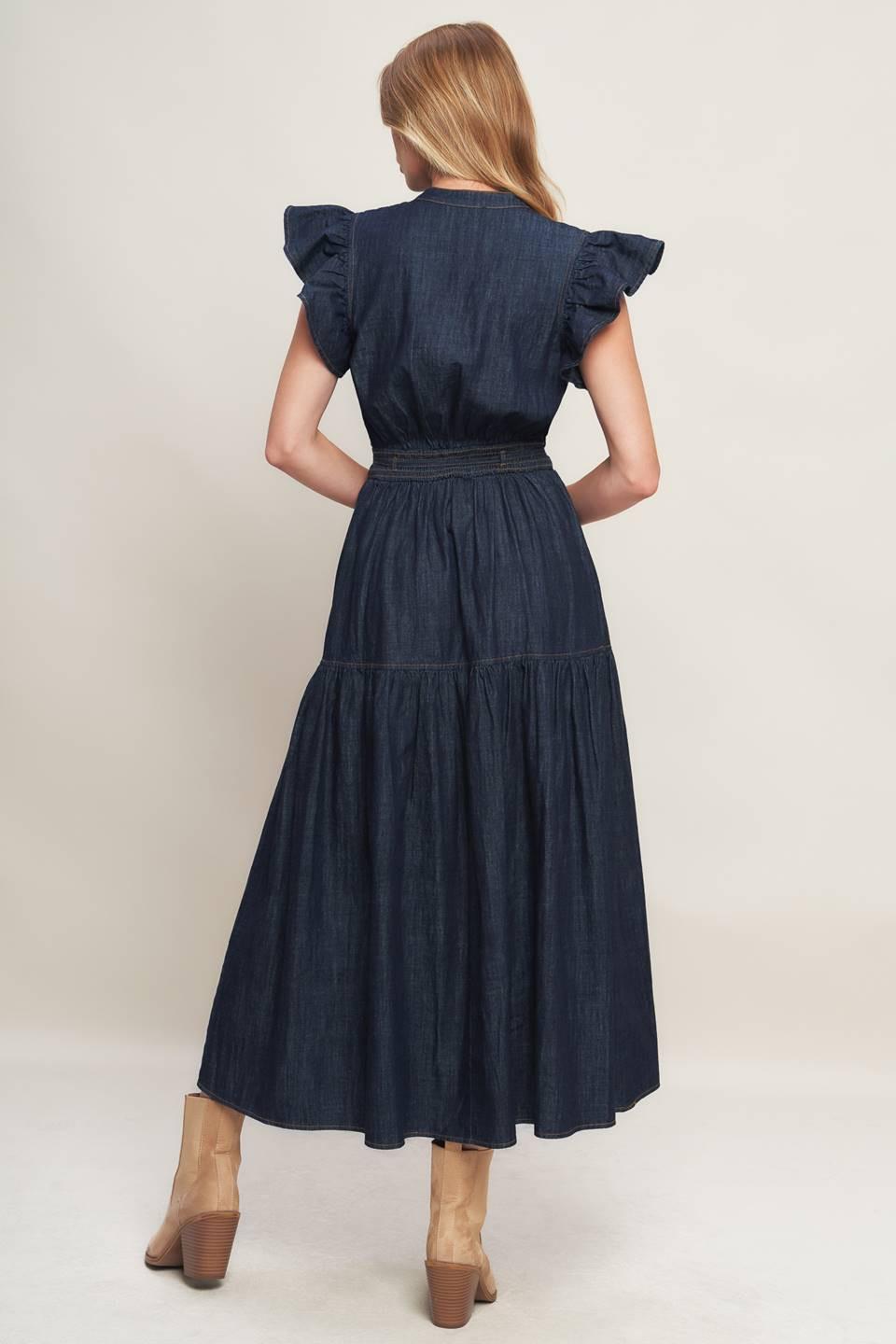 POWER DENIM GODDESS DARK INDIGO MIDI DRESS Flying Tomato