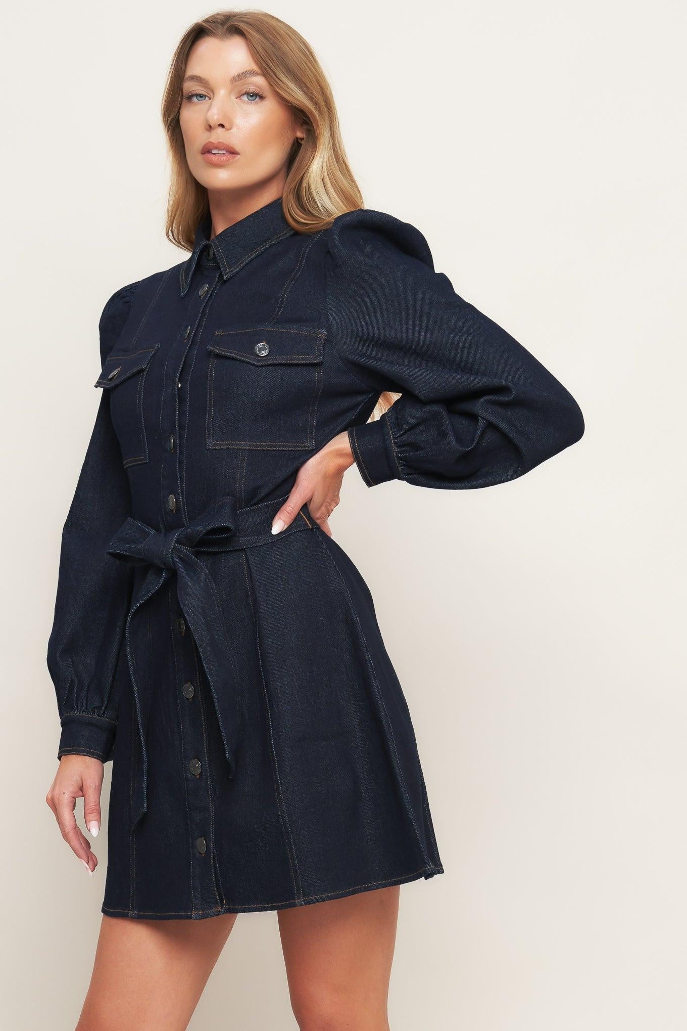 HOLIDAY DARK INDIGO DENIM MINI DRESS Flying Tomato