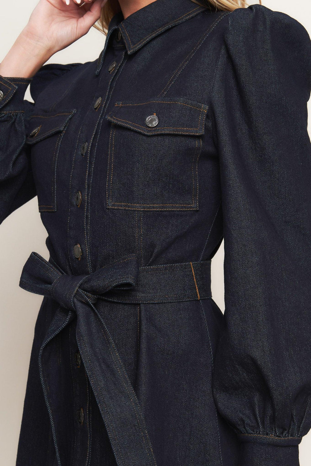 HOLIDAY DARK INDIGO DENIM MINI DRESS Flying Tomato