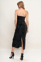 BLACK TEMPTATION WOVEN VELVET LACE MIDI DRESS Flying Tomato
