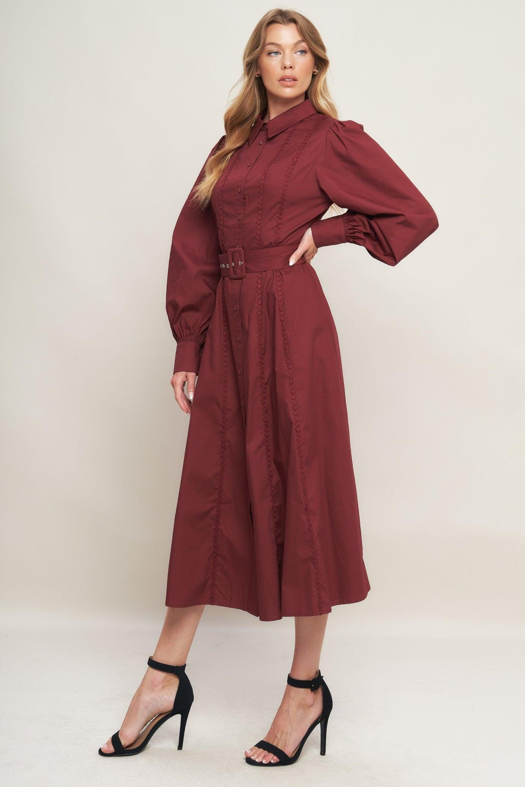 MODERN FEMME BURGUNDY WOVEN MIDI DRESS Flying Tomato