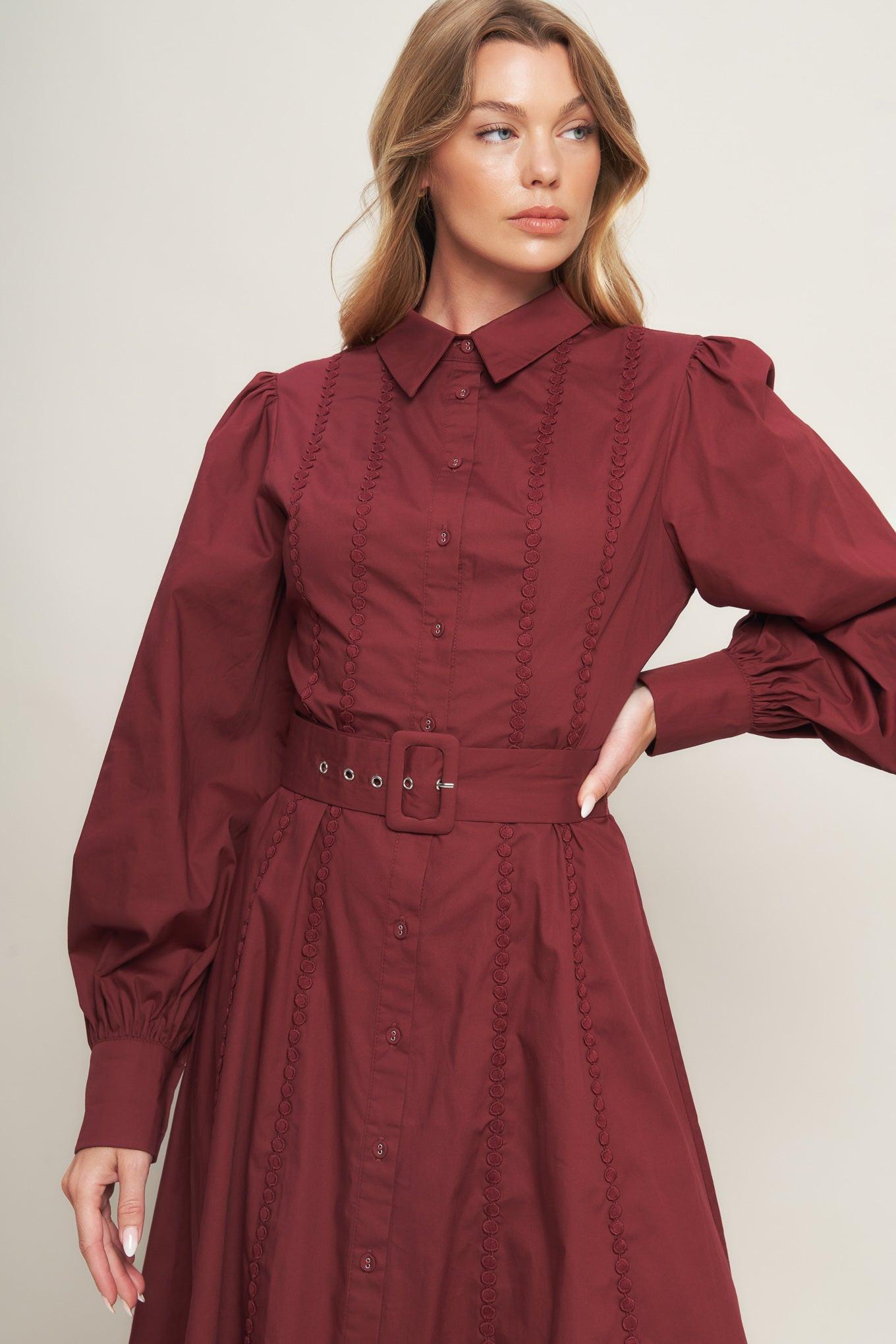 MODERN FEMME BURGUNDY WOVEN MIDI DRESS Flying Tomato