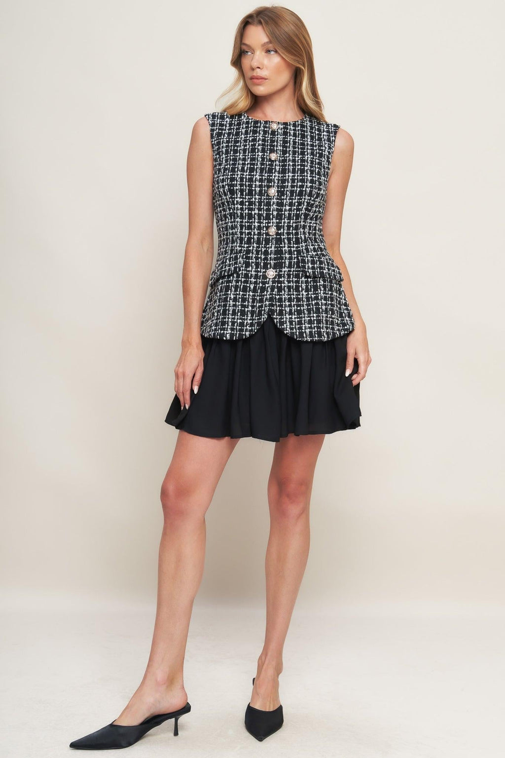 MODERN ICON TWEED WOVEN MINI DRESS Flying Tomato