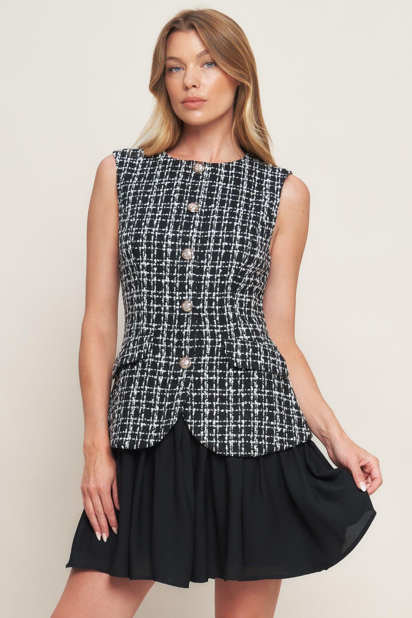 MODERN ICON TWEED WOVEN MINI DRESS Flying Tomato