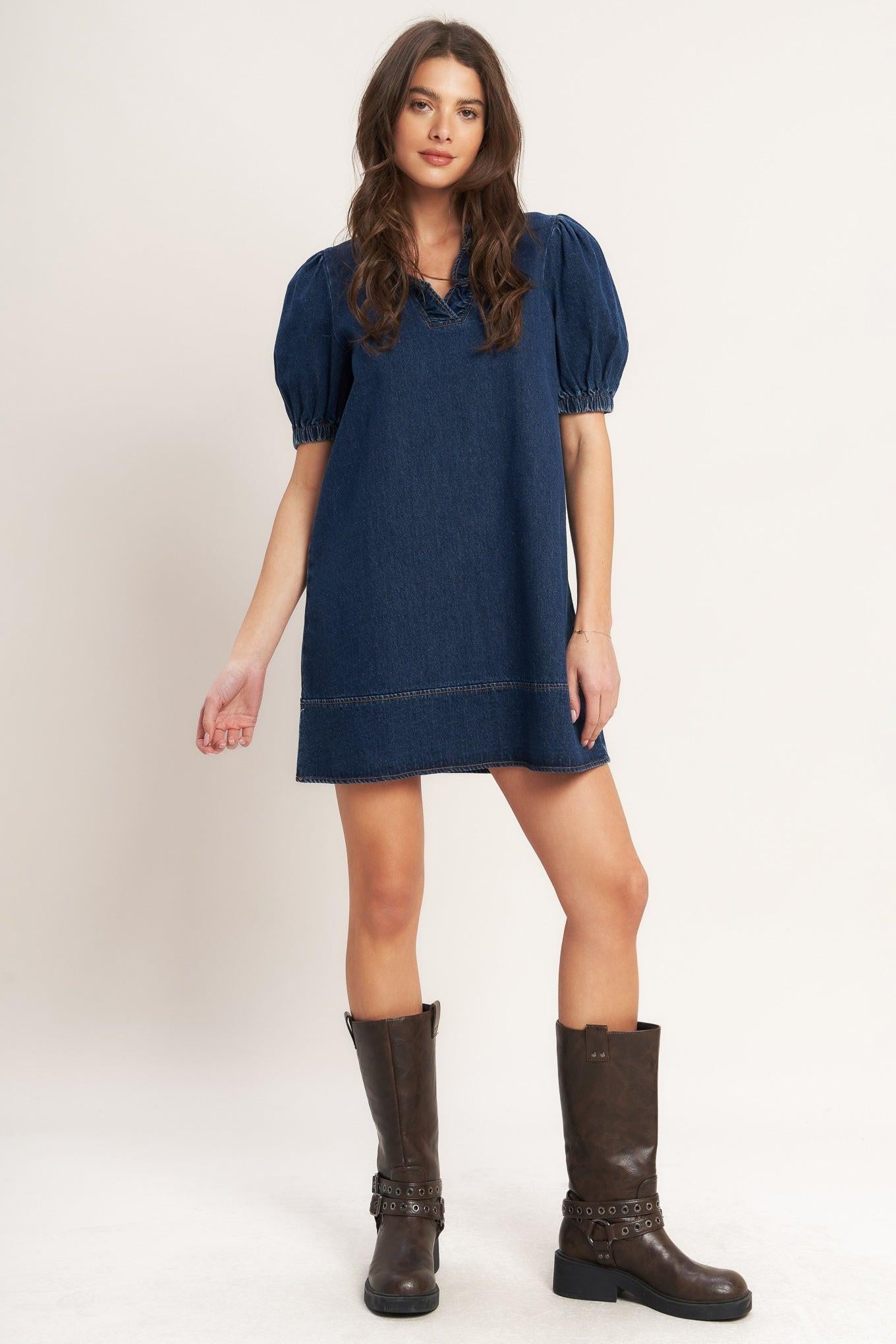 MODERN FOLK TOUCH DNIM MINI DRESS Flying Tomato
