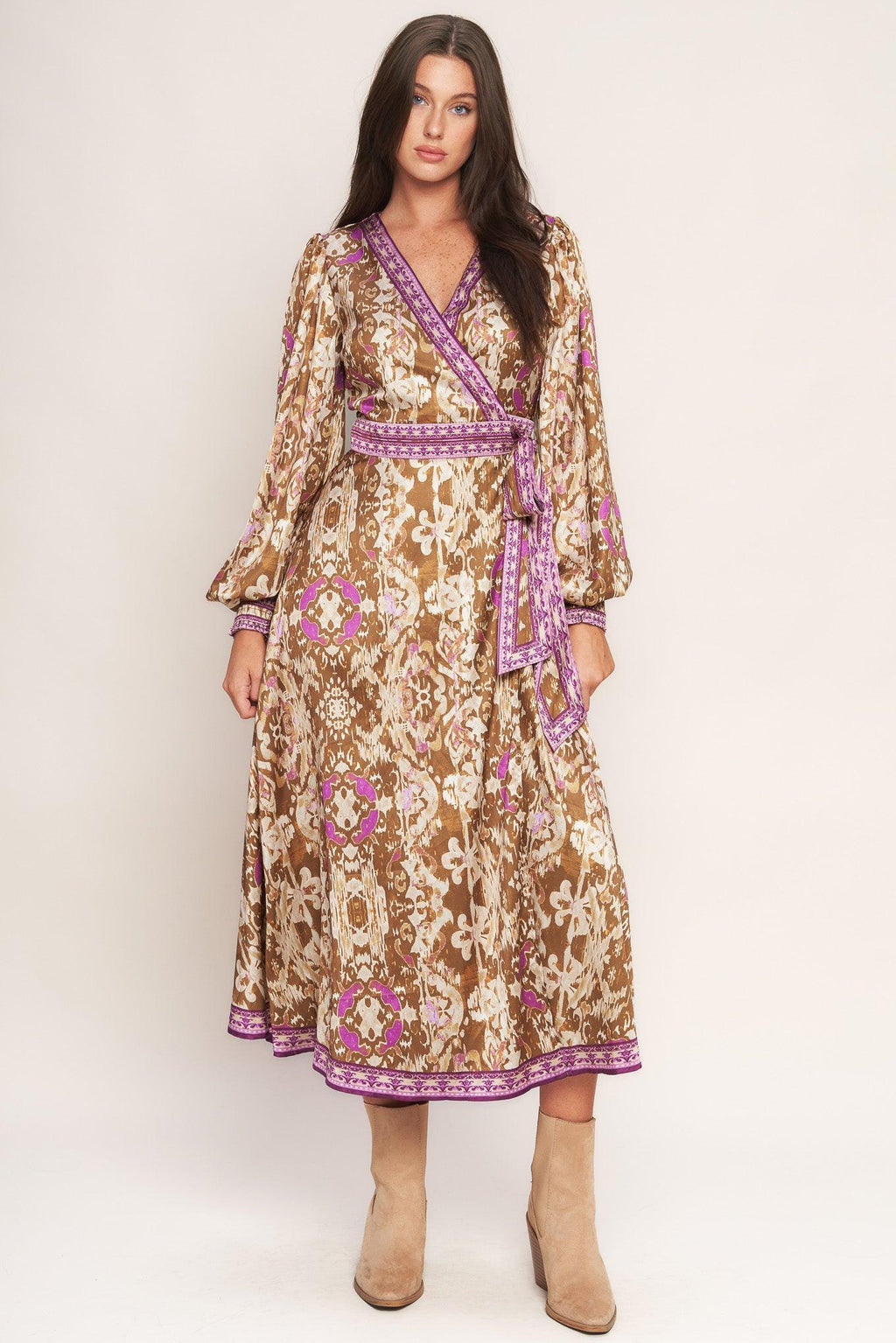 IKAT BLOOM WOVEN MIDI TRUE WRAP DRESS Flying Tomato