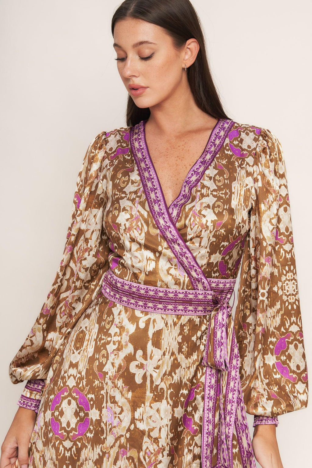 IKAT BLOOM WOVEN MIDI TRUE WRAP DRESS Flying Tomato