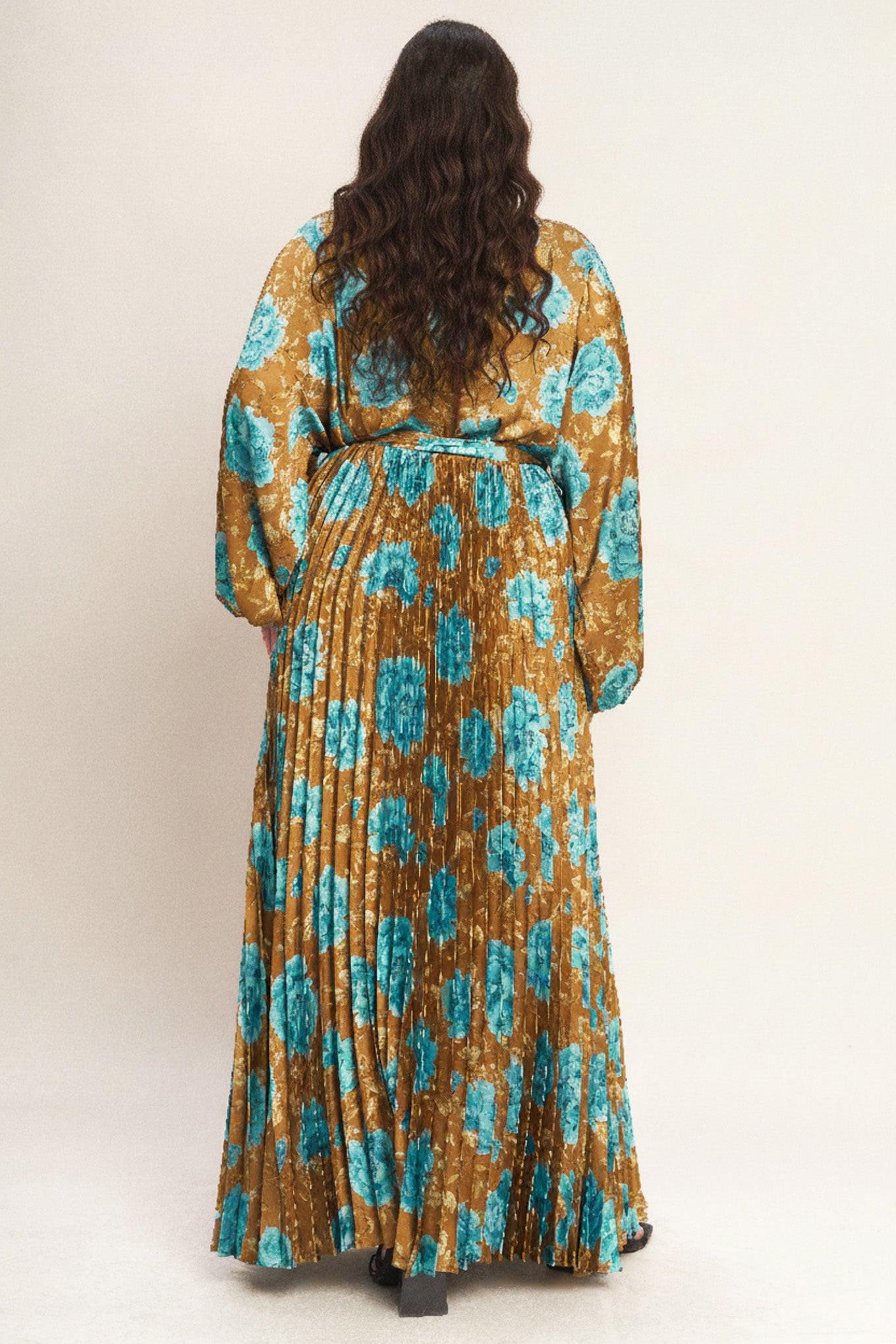 GOLDEN BLOOM LUXE WOVEN SATIN MAXI DRESS Flying Tomato