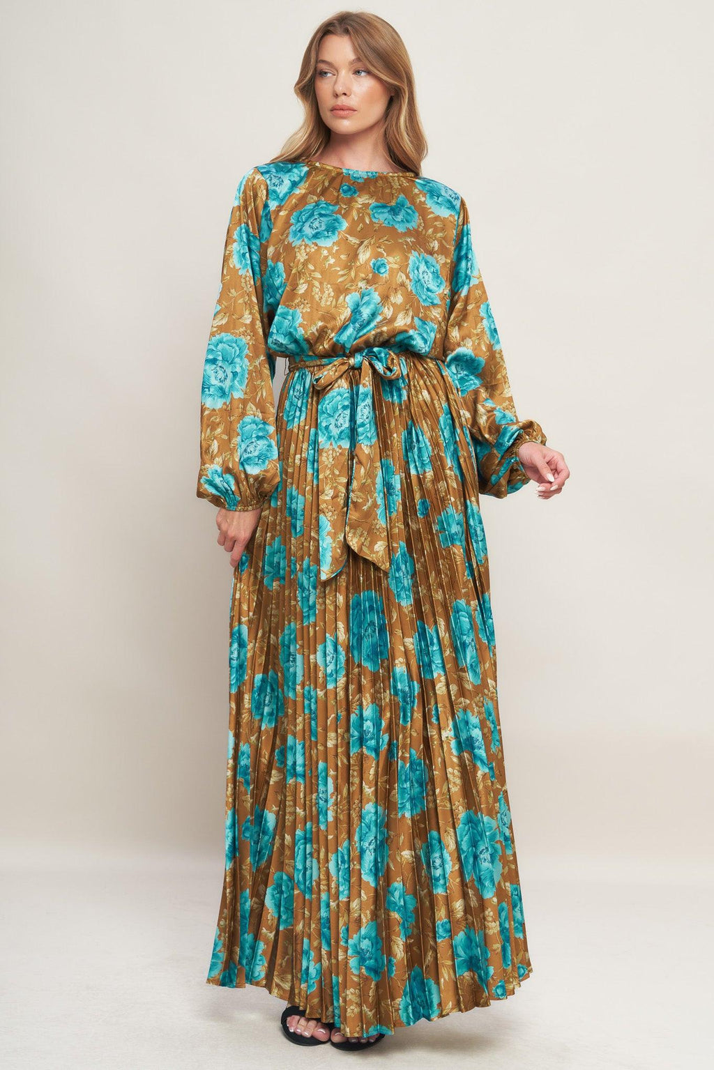 GOLDEN BLOOM LUXE WOVEN SATIN MAXI DRESS Flying Tomato
