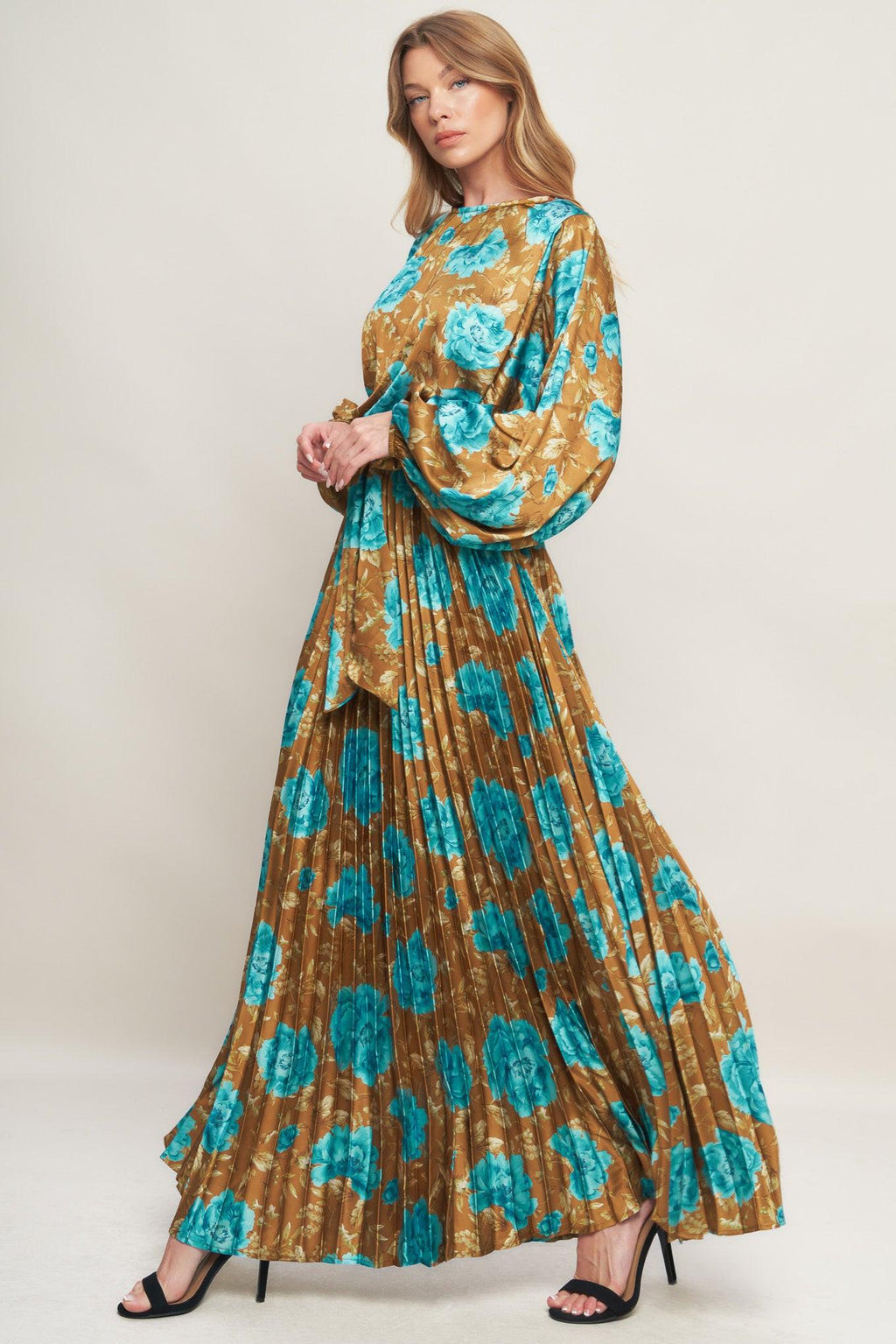 GOLDEN BLOOM LUXE WOVEN SATIN MAXI DRESS Flying Tomato