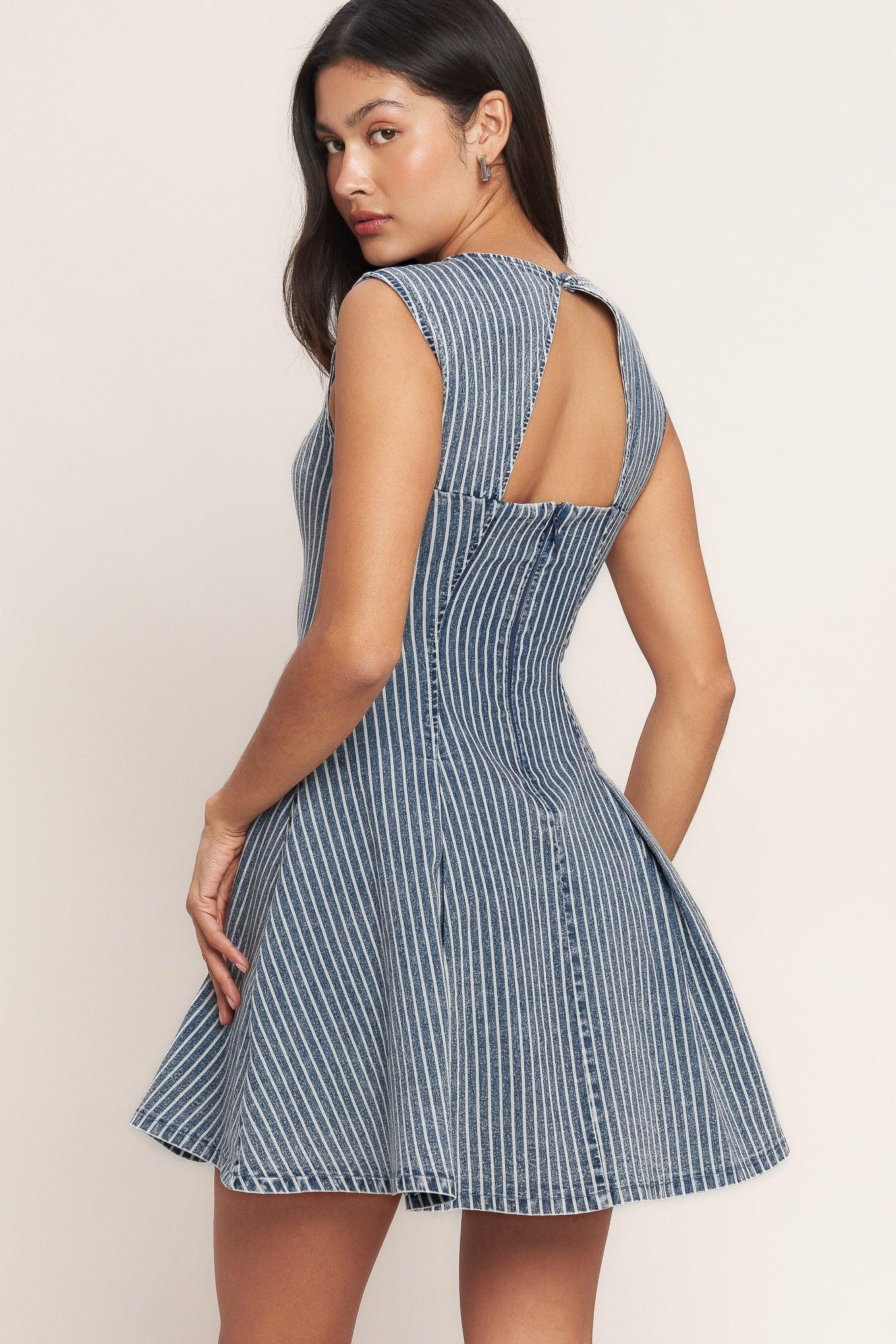 PERFECTLY PLANNED STRIPED DENIM MINI DRESS Flying Tomato