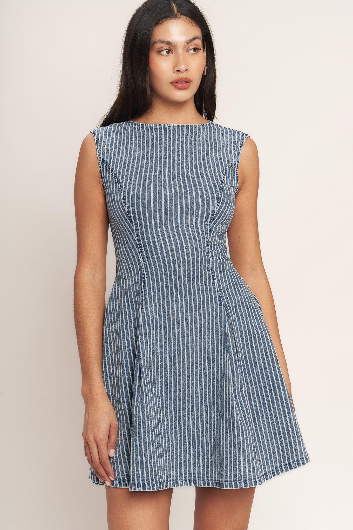 PERFECTLY PLANNED STRIPED DENIM MINI DRESS Flying Tomato