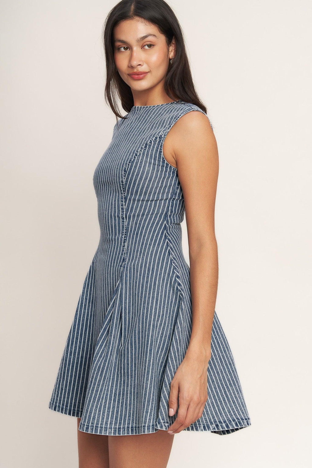 PERFECTLY PLANNED STRIPED DENIM MINI DRESS Flying Tomato