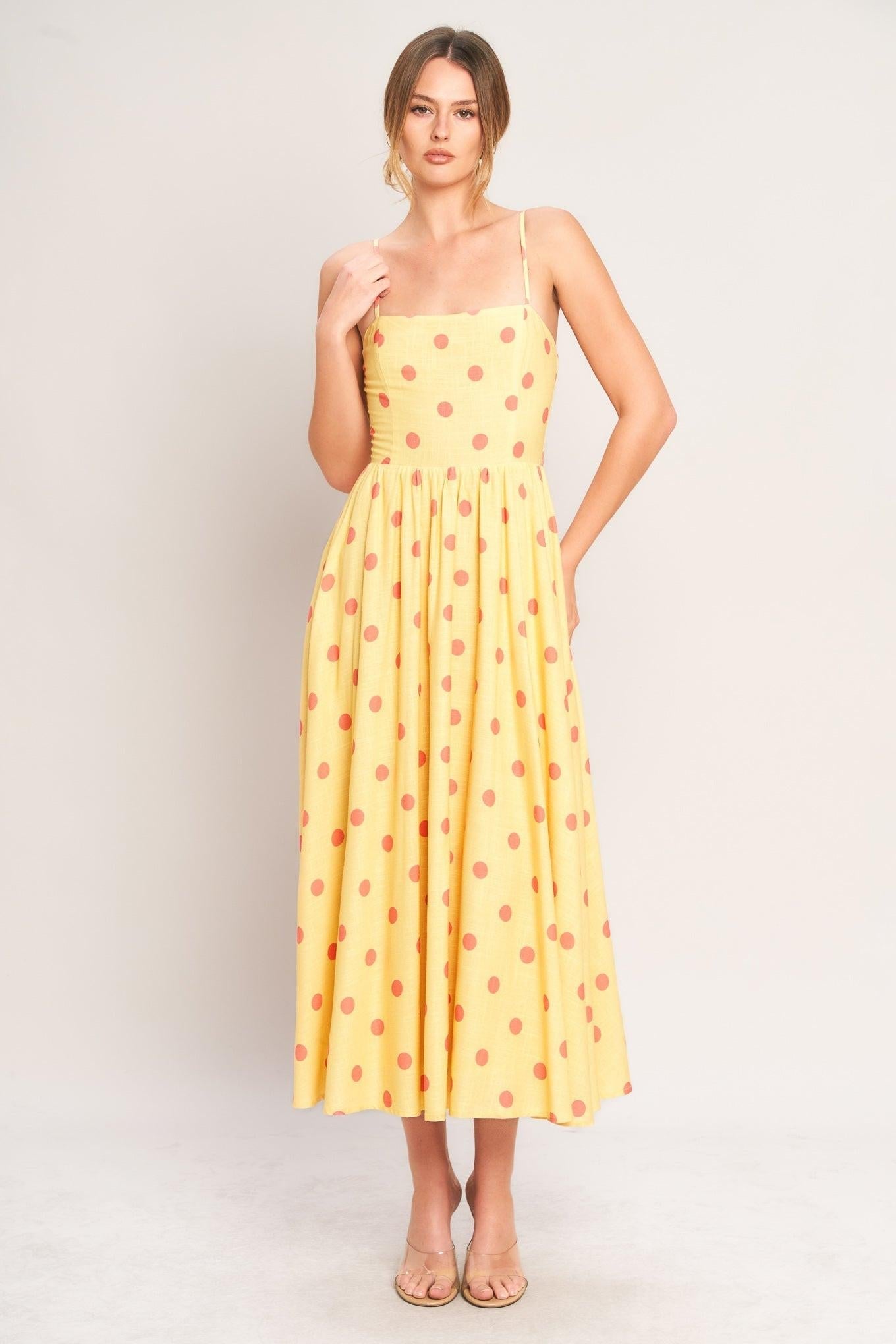 GOLDEN SUMMER POLKA WOVEN MIDI DRESS Flying Tomato