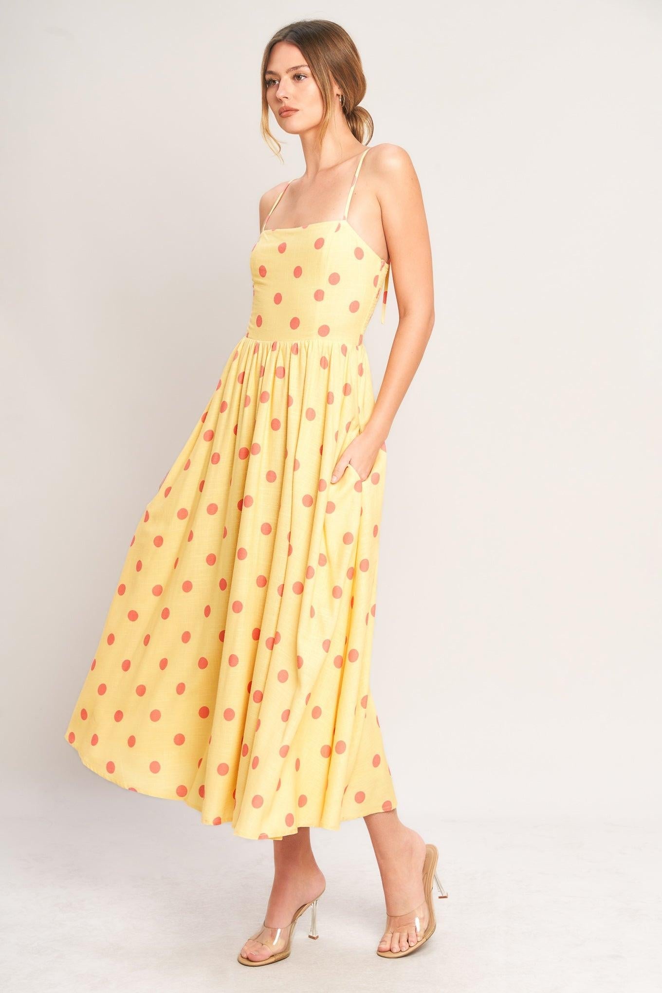 GOLDEN SUMMER POLKA WOVEN MIDI DRESS Flying Tomato