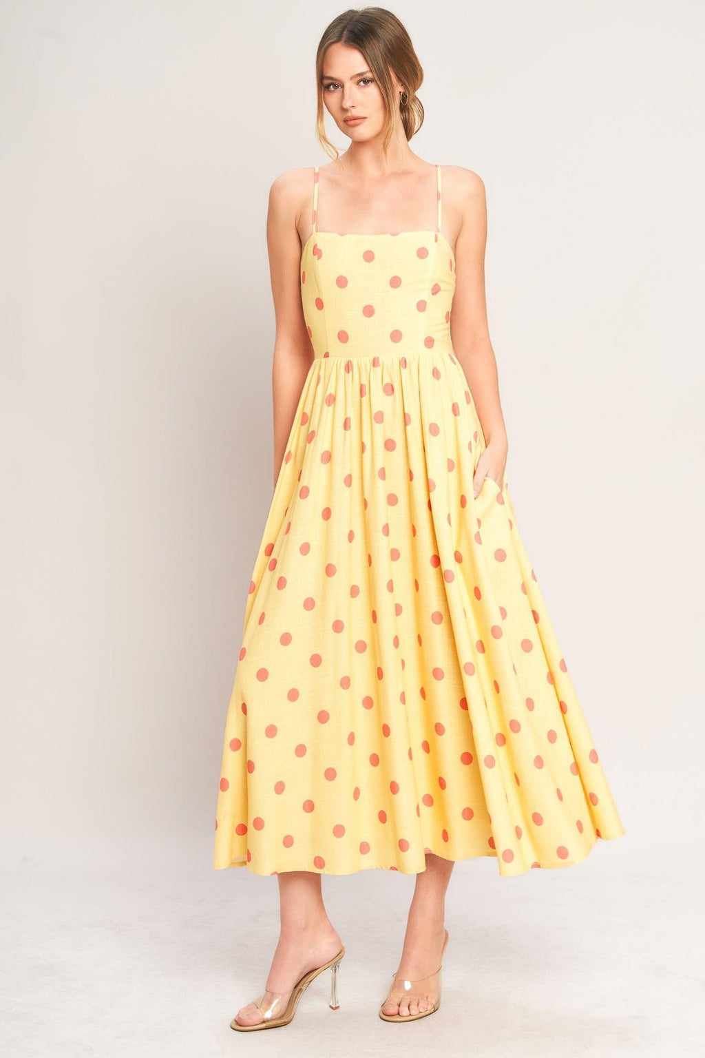 GOLDEN SUMMER POLKA WOVEN MIDI DRESS Flying Tomato
