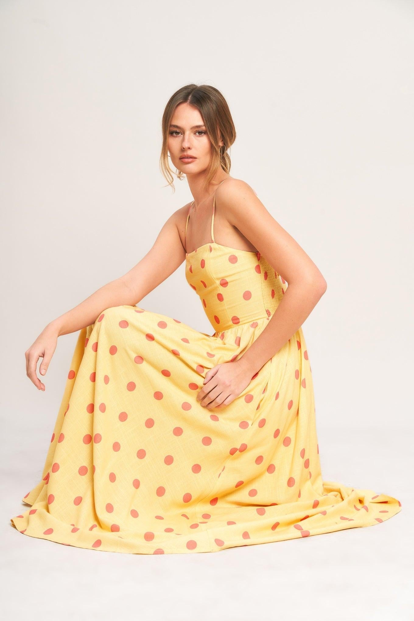 GOLDEN SUMMER POLKA WOVEN MIDI DRESS Flying Tomato