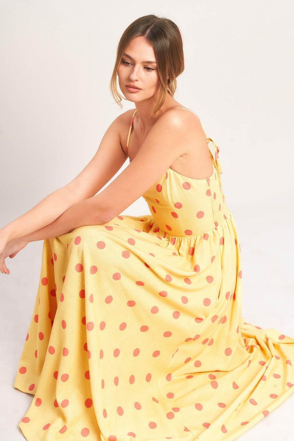 GOLDEN SUMMER POLKA WOVEN MIDI DRESS Flying Tomato