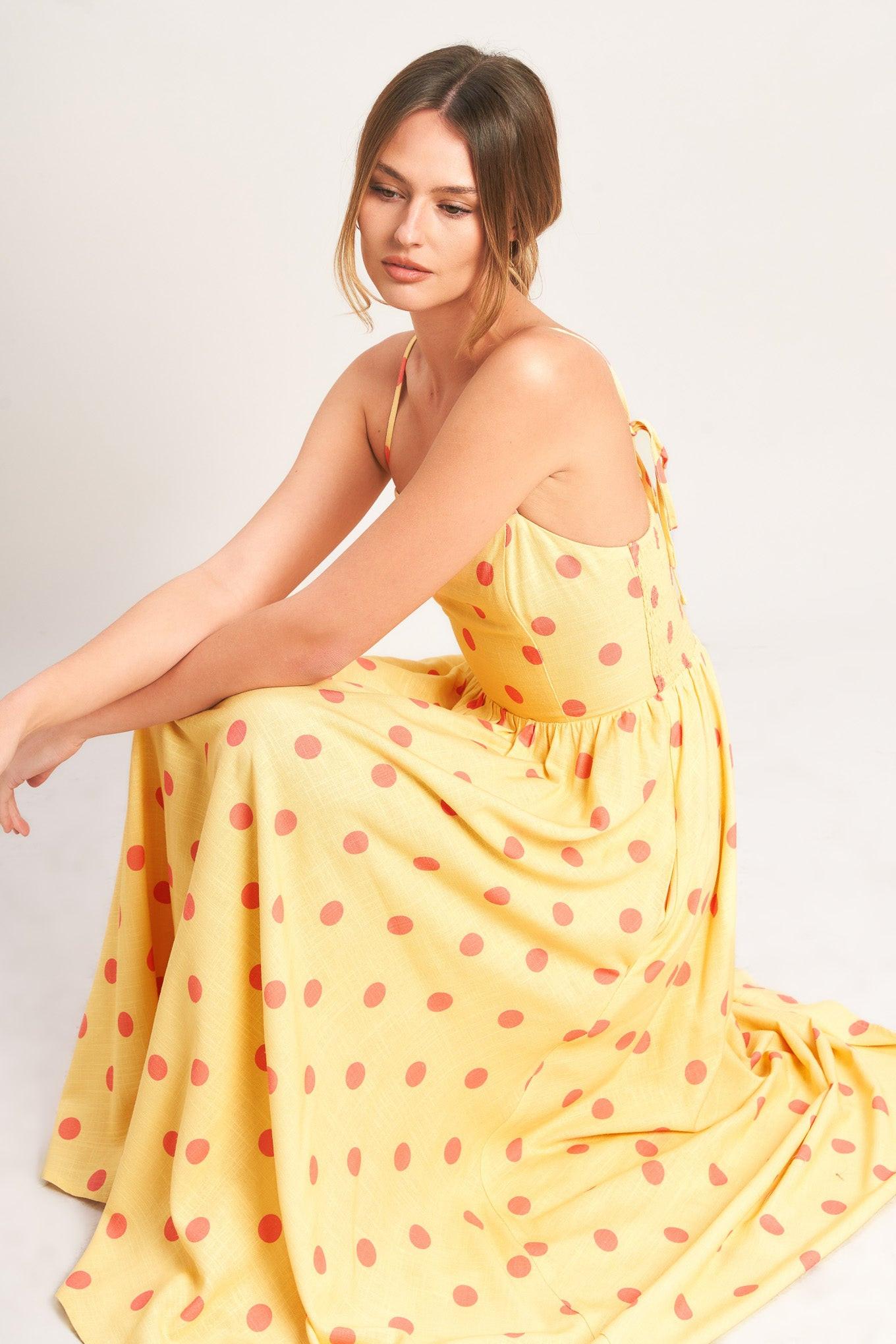 GOLDEN SUMMER POLKA WOVEN MIDI DRESS Flying Tomato