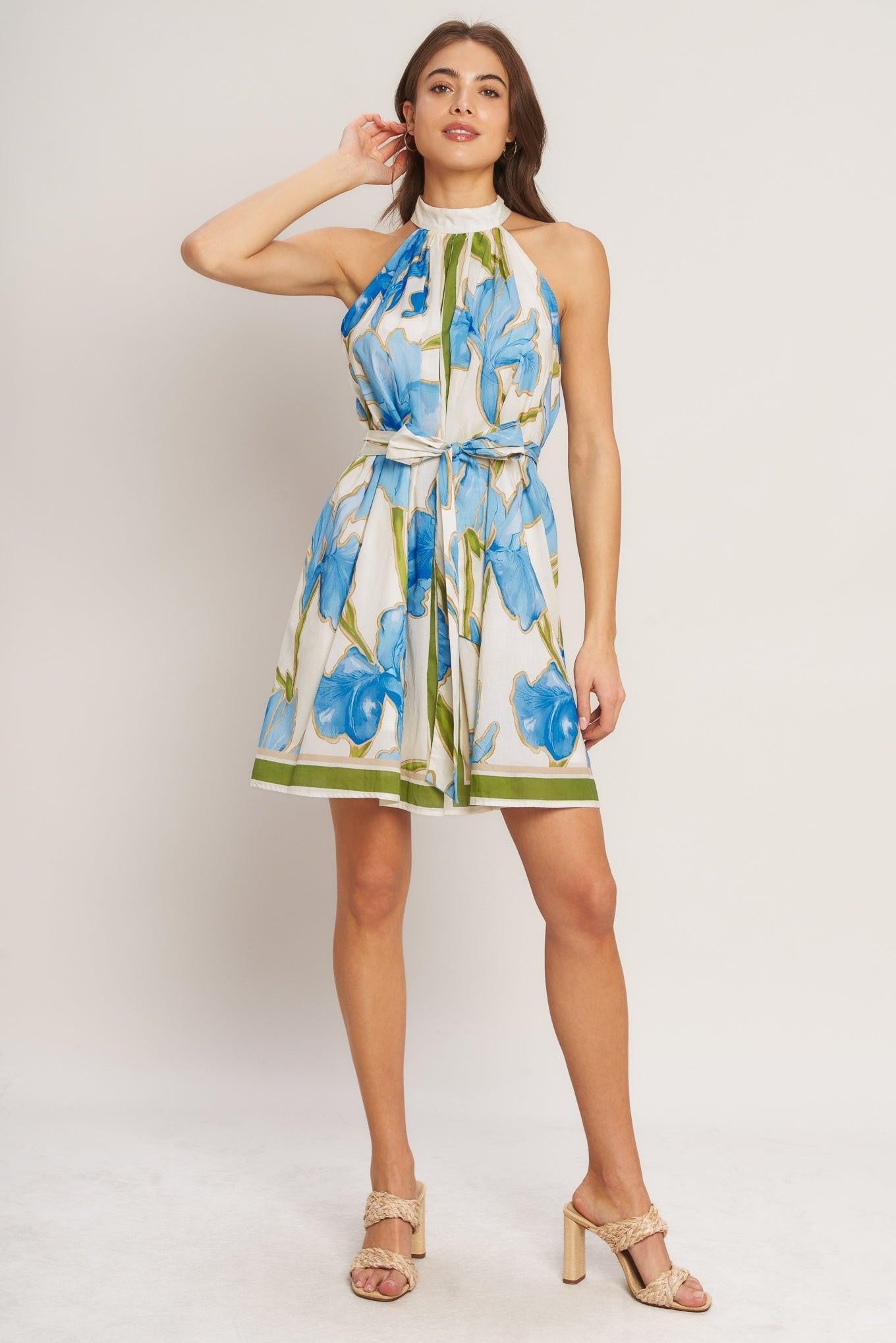 AZURE BLOOM HALTER WOVEN MINI DRESS Flying Tomato