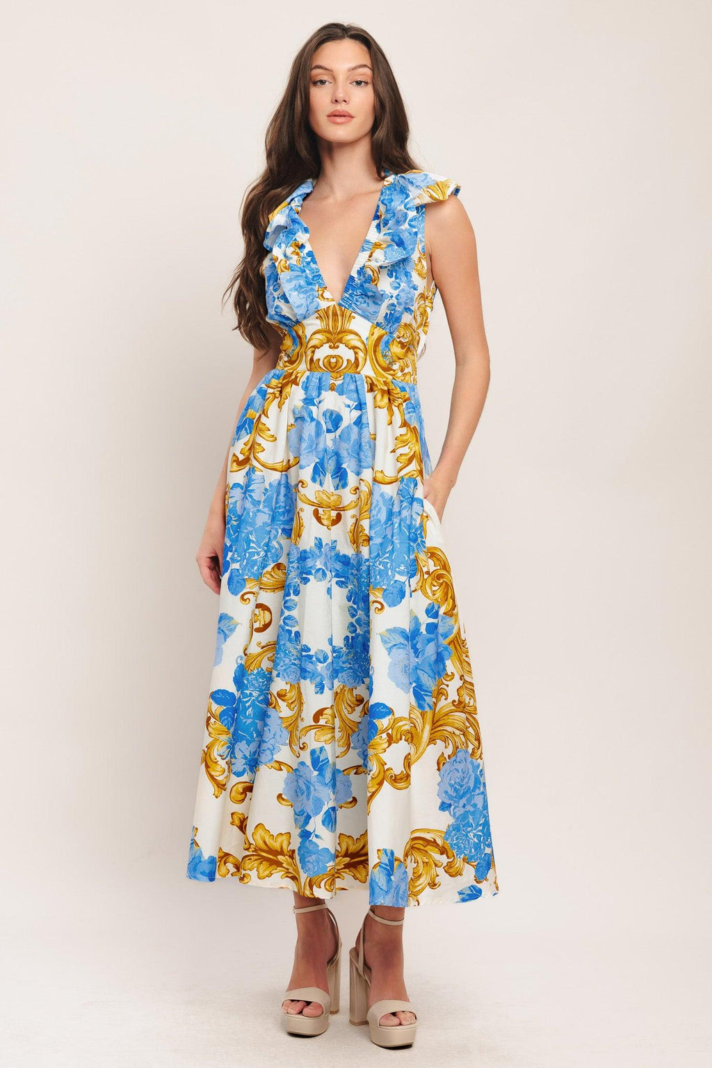 BAROQUE BLOOM WOVEN MIDI DRESS Flying Tomato