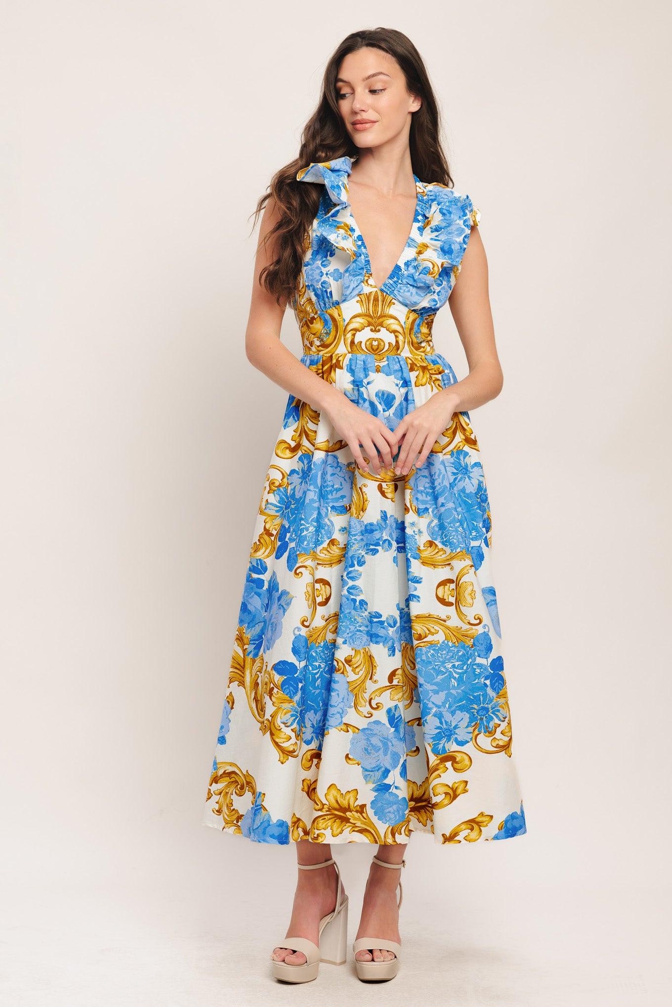BAROQUE BLOOM WOVEN MIDI DRESS Flying Tomato