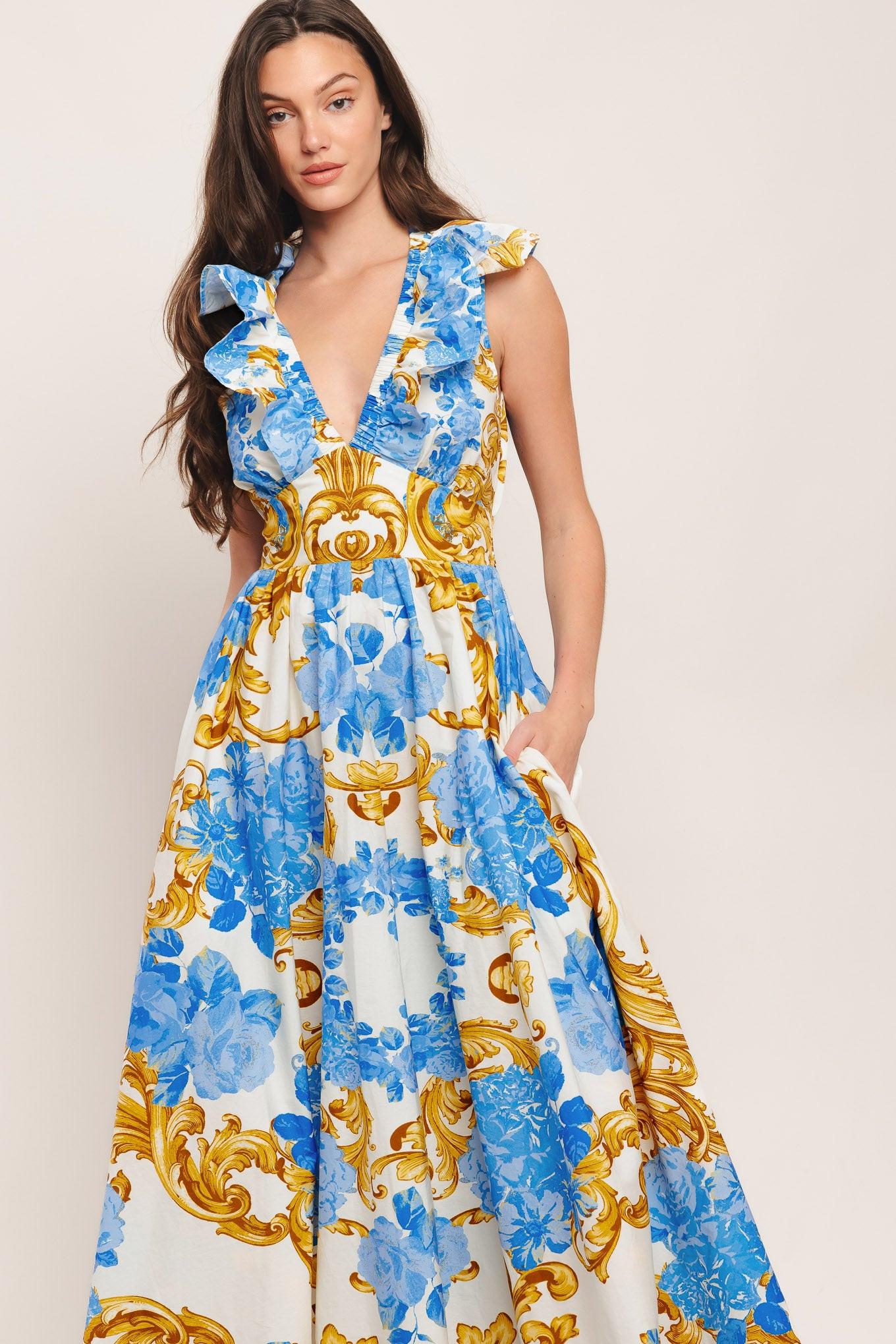 BAROQUE BLOOM WOVEN MIDI DRESS Flying Tomato