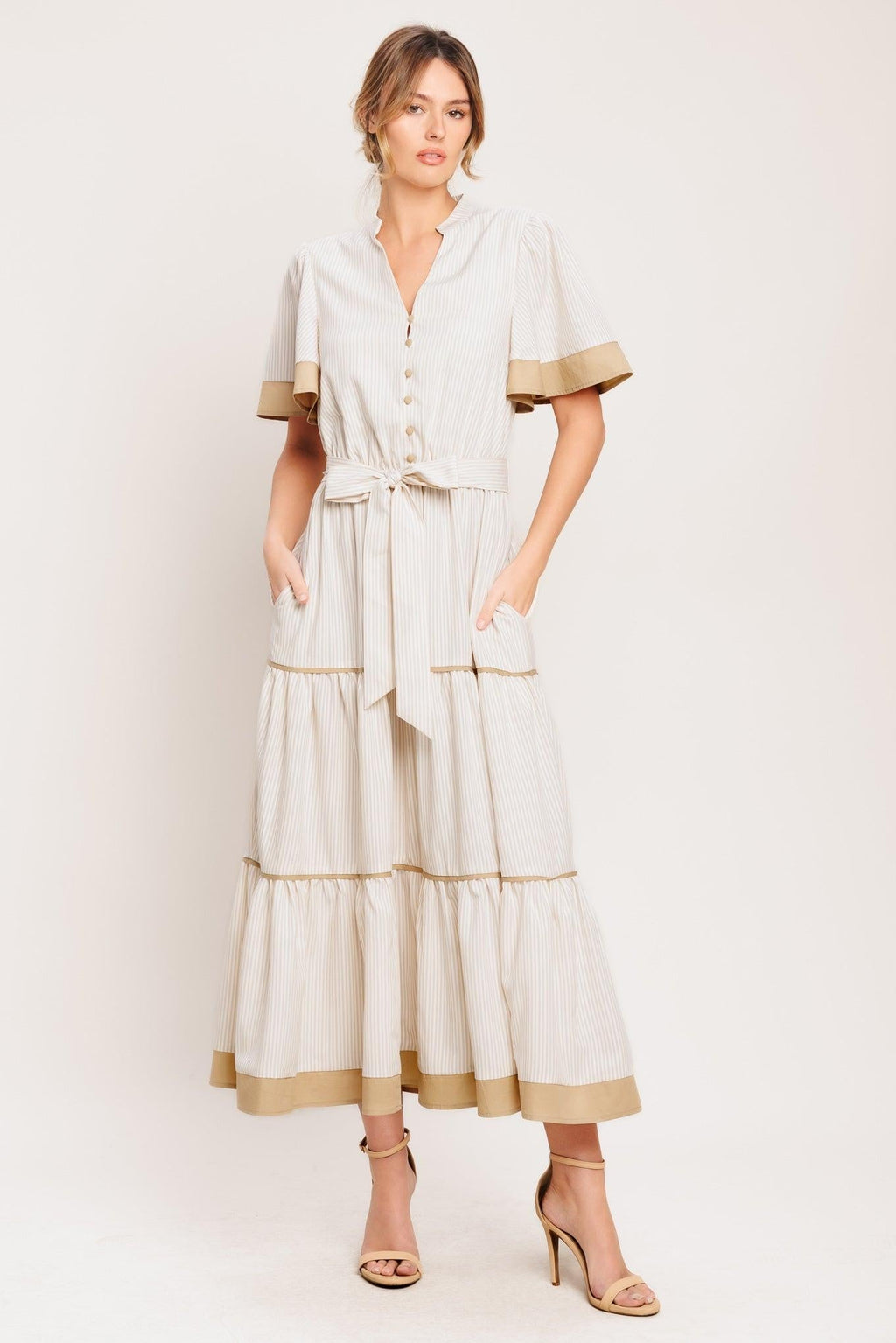 PARIS MORNING TAUPE WOVEN MIDI DRESS Flying Tomato