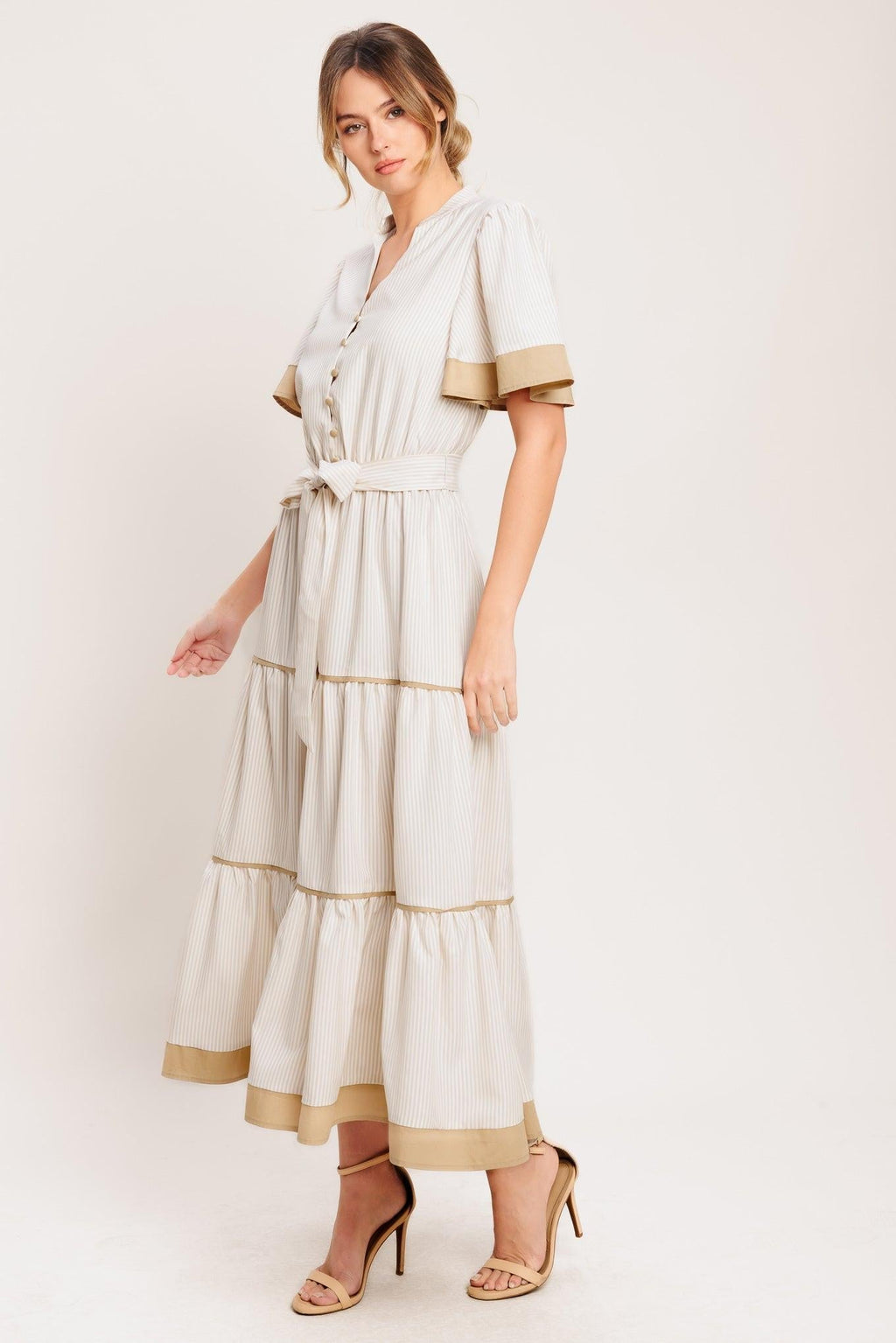 PARIS MORNING TAUPE WOVEN MIDI DRESS Flying Tomato