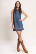 ARTISAN-INSPIRED DENIM MINI SHIFT DRESS Flying Tomato
