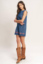 ARTISAN-INSPIRED DENIM MINI SHIFT DRESS Flying Tomato