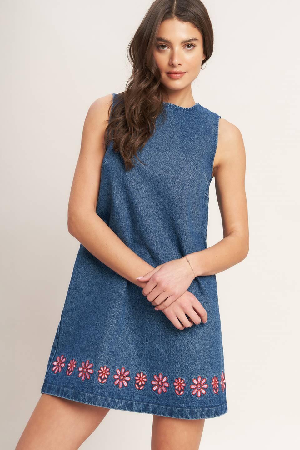 ARTISAN-INSPIRED DENIM MINI SHIFT DRESS Flying Tomato