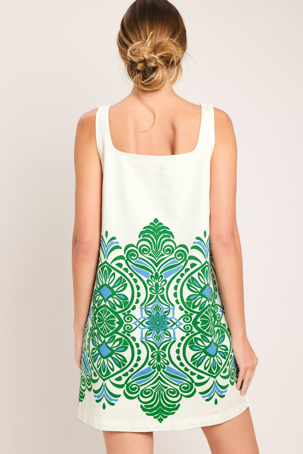 GREEN MOTIF WOVEN MINI DRESS Flying Tomato