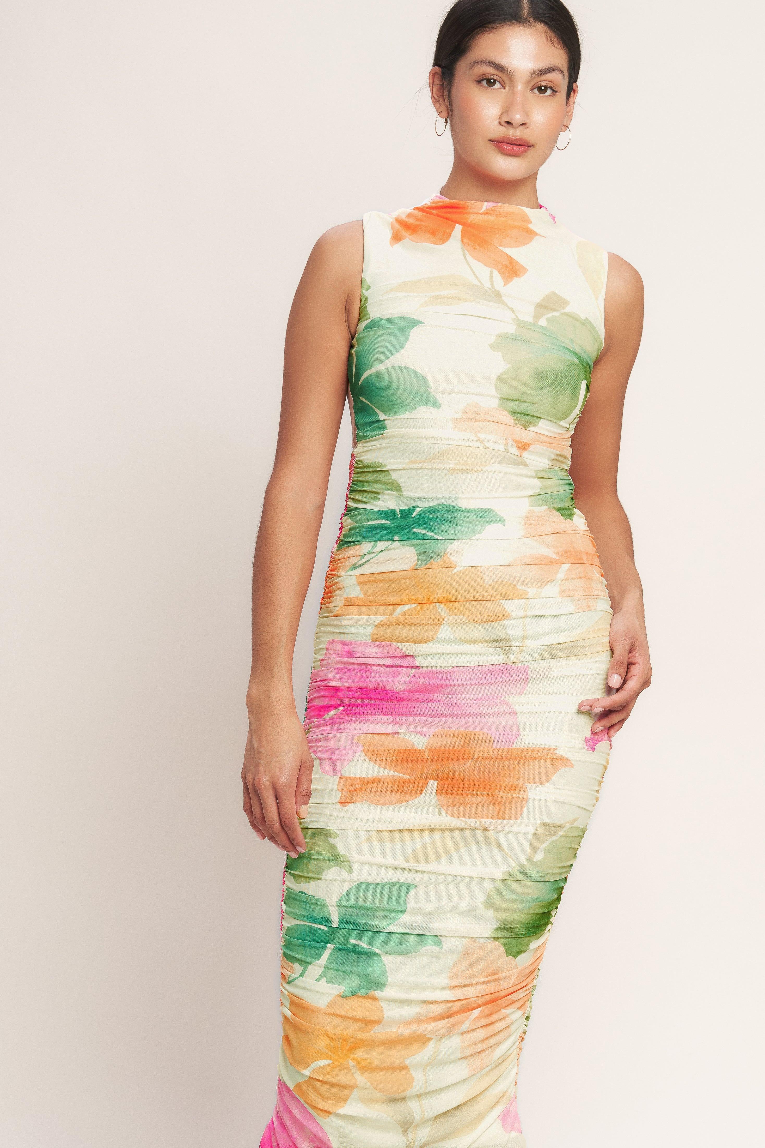 COLORFUL CONFIDENCE POWER MESH MIDI DRESS Flying Tomato