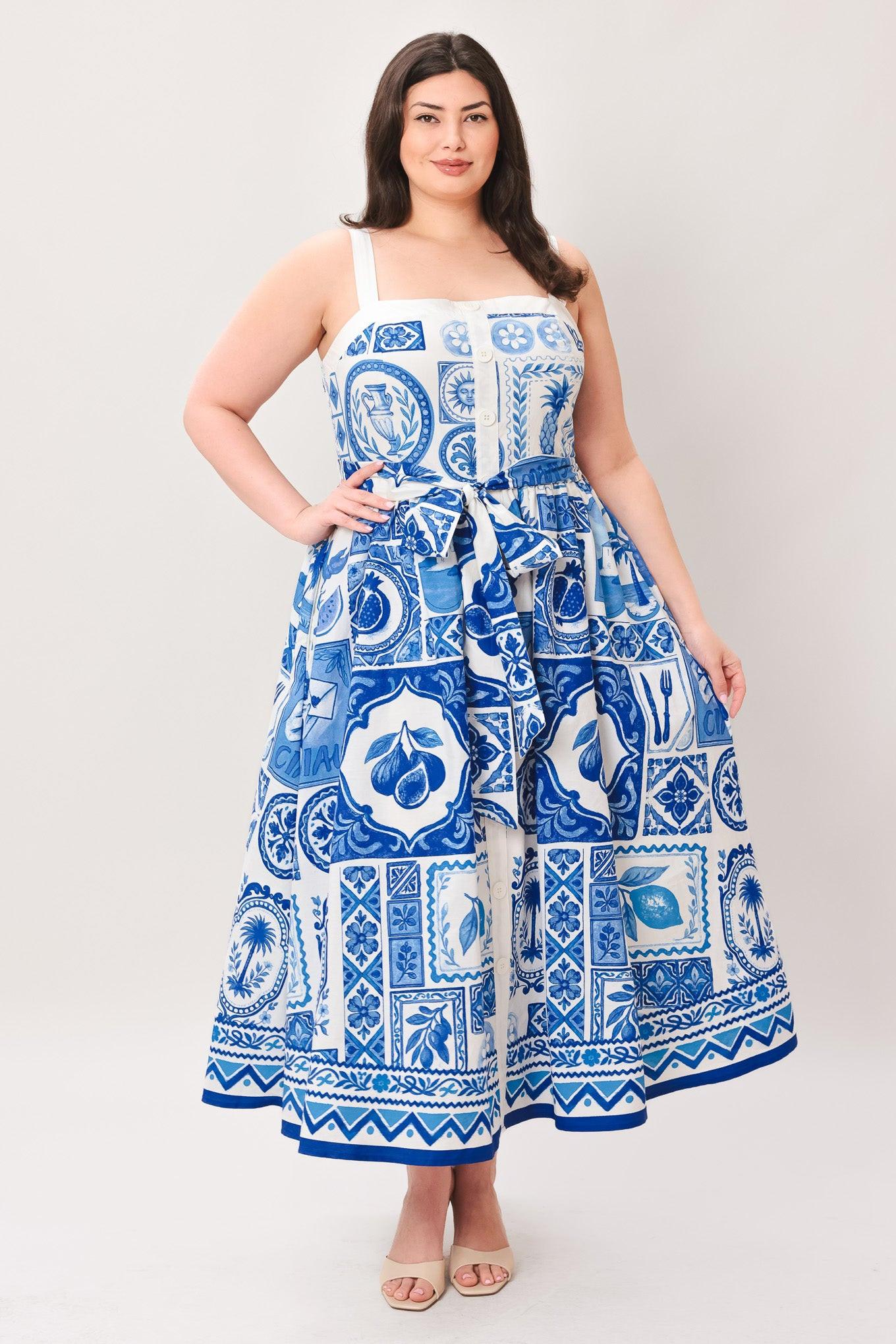BLUE MAJOLICA CHARM WOVEN MIDI DRESS Flying Tomato