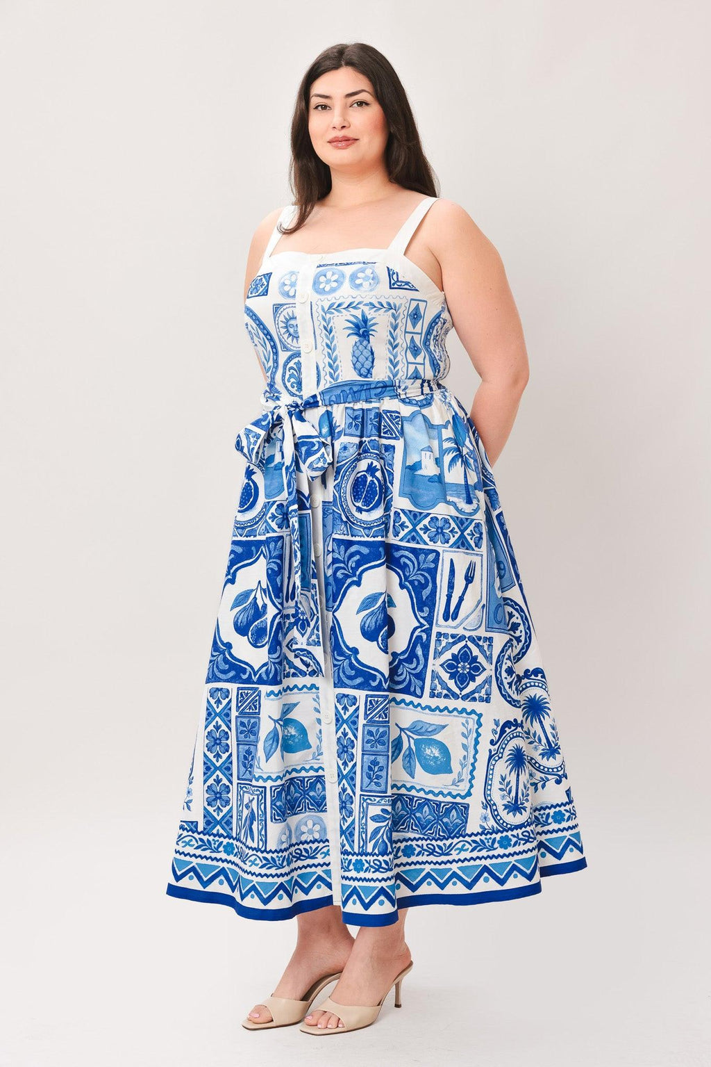 BLUE MAJOLICA CHARM WOVEN MIDI DRESS Flying Tomato