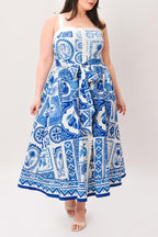BLUE MAJOLICA CHARM WOVEN MIDI DRESS Flying Tomato