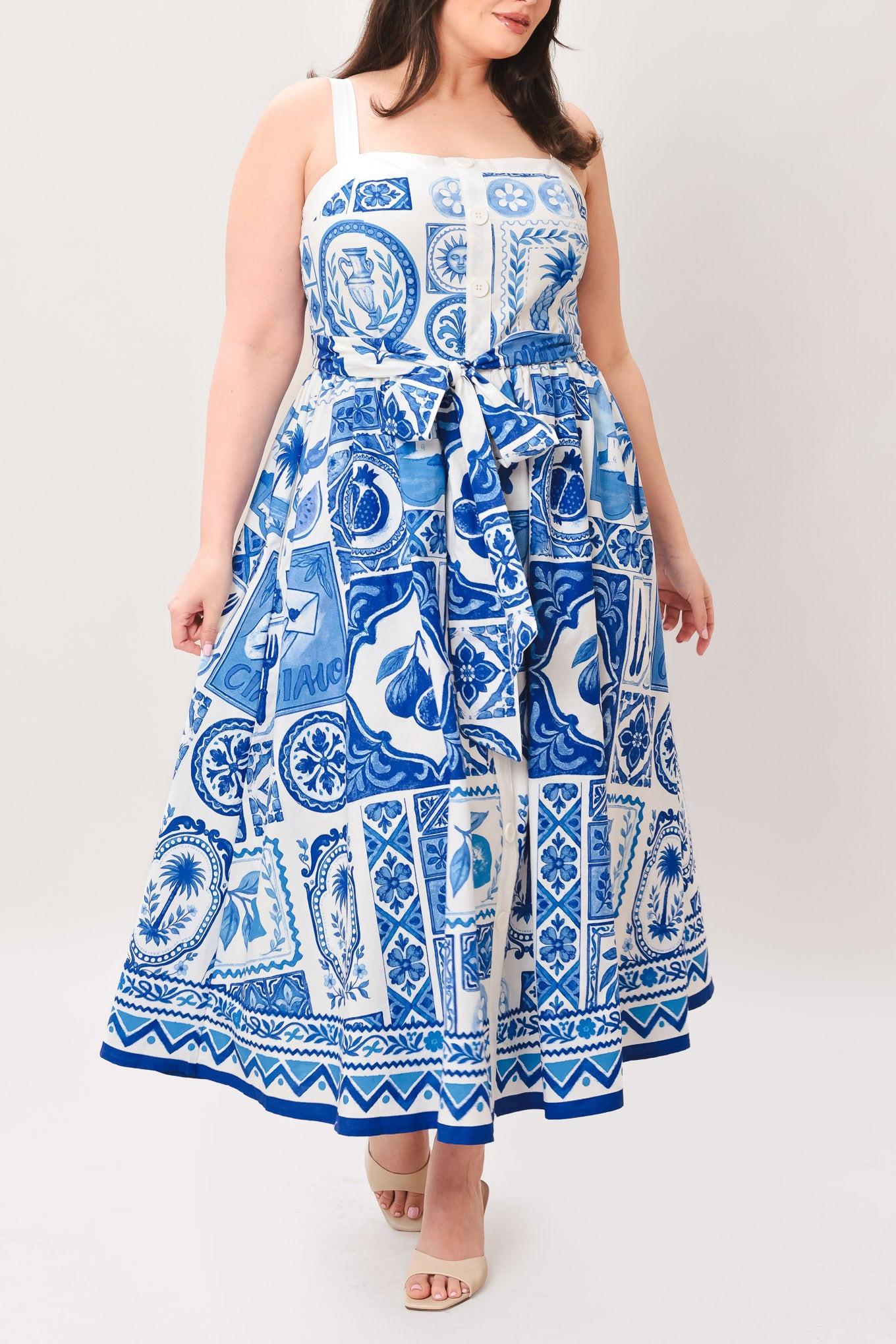 BLUE MAJOLICA CHARM WOVEN MIDI DRESS Flying Tomato