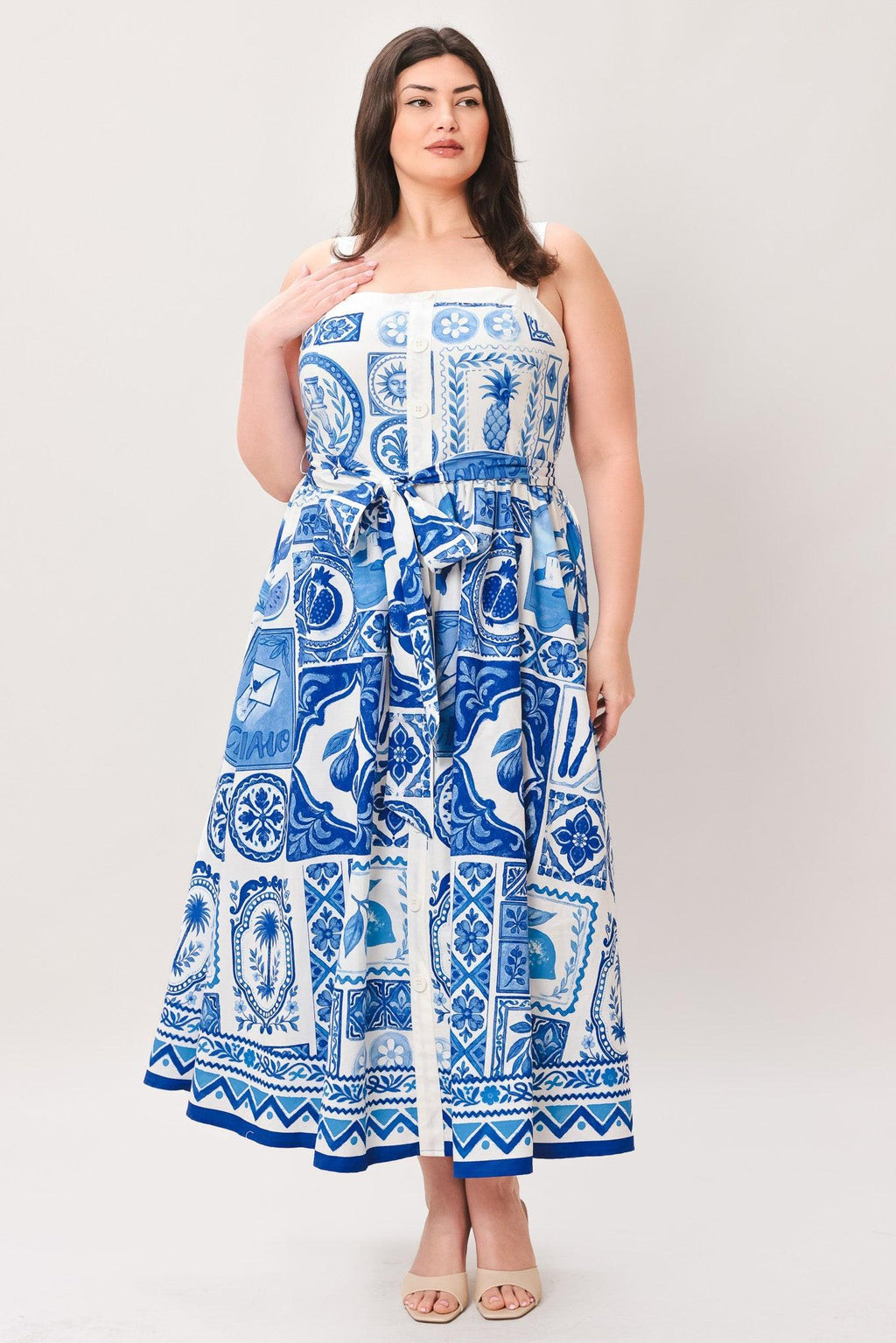 BLUE MAJOLICA CHARM WOVEN MIDI DRESS Flying Tomato