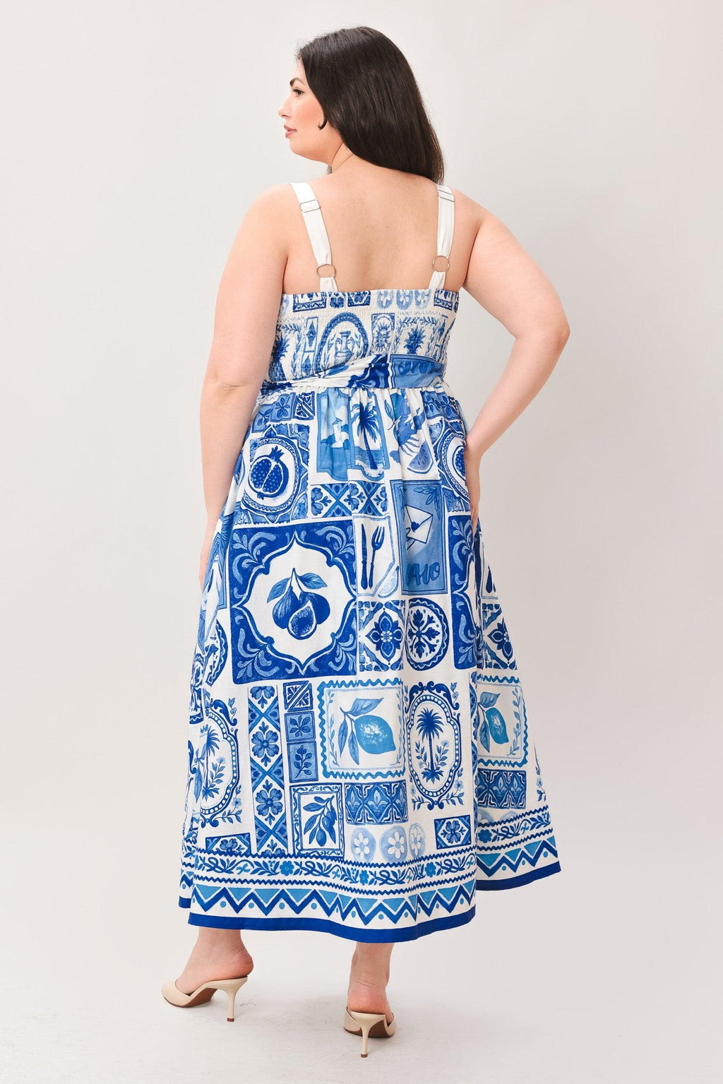 BLUE MAJOLICA CHARM WOVEN MIDI DRESS Flying Tomato