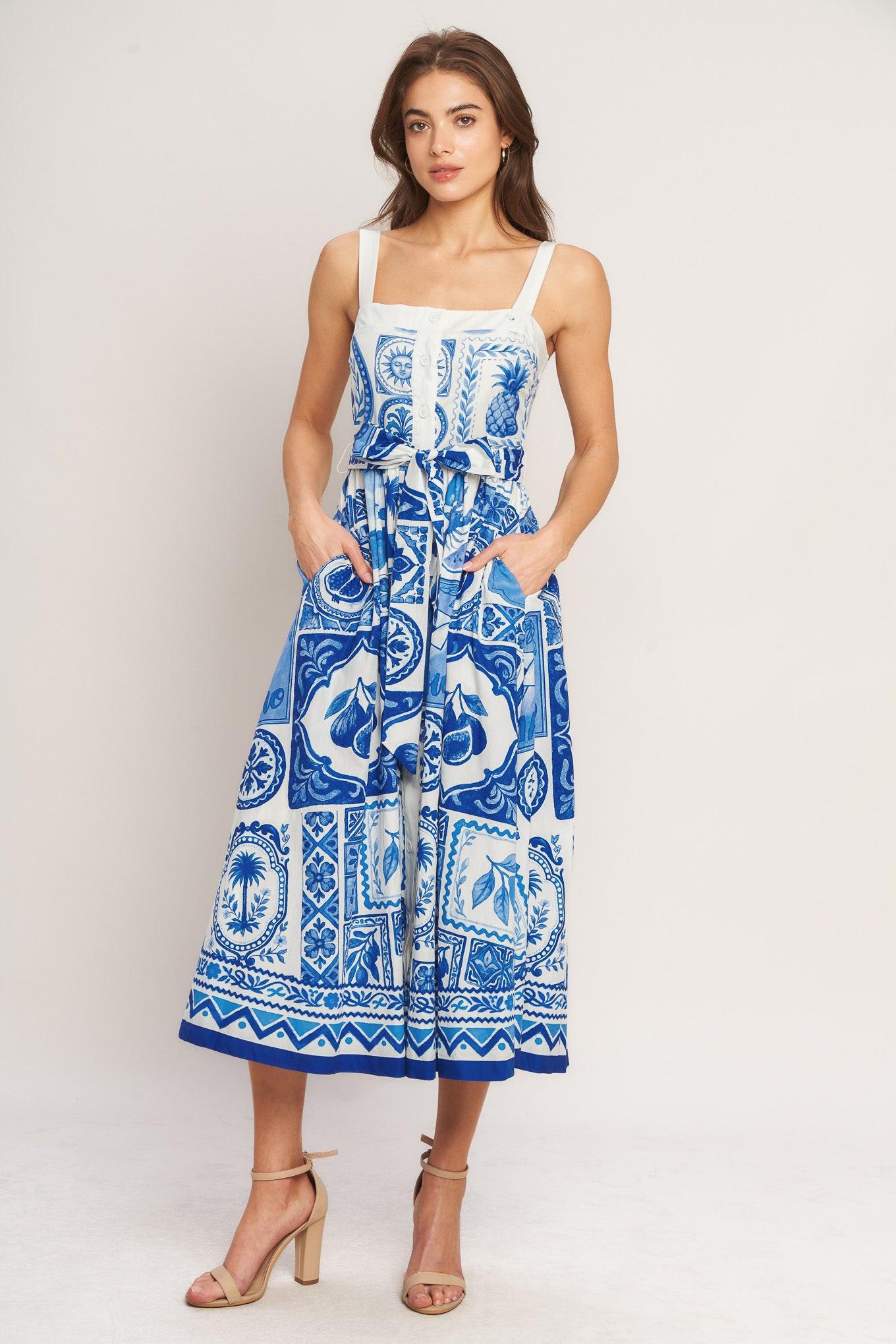BLUE MAJOLICA CHARM WOVEN MIDI DRESS Flying Tomato