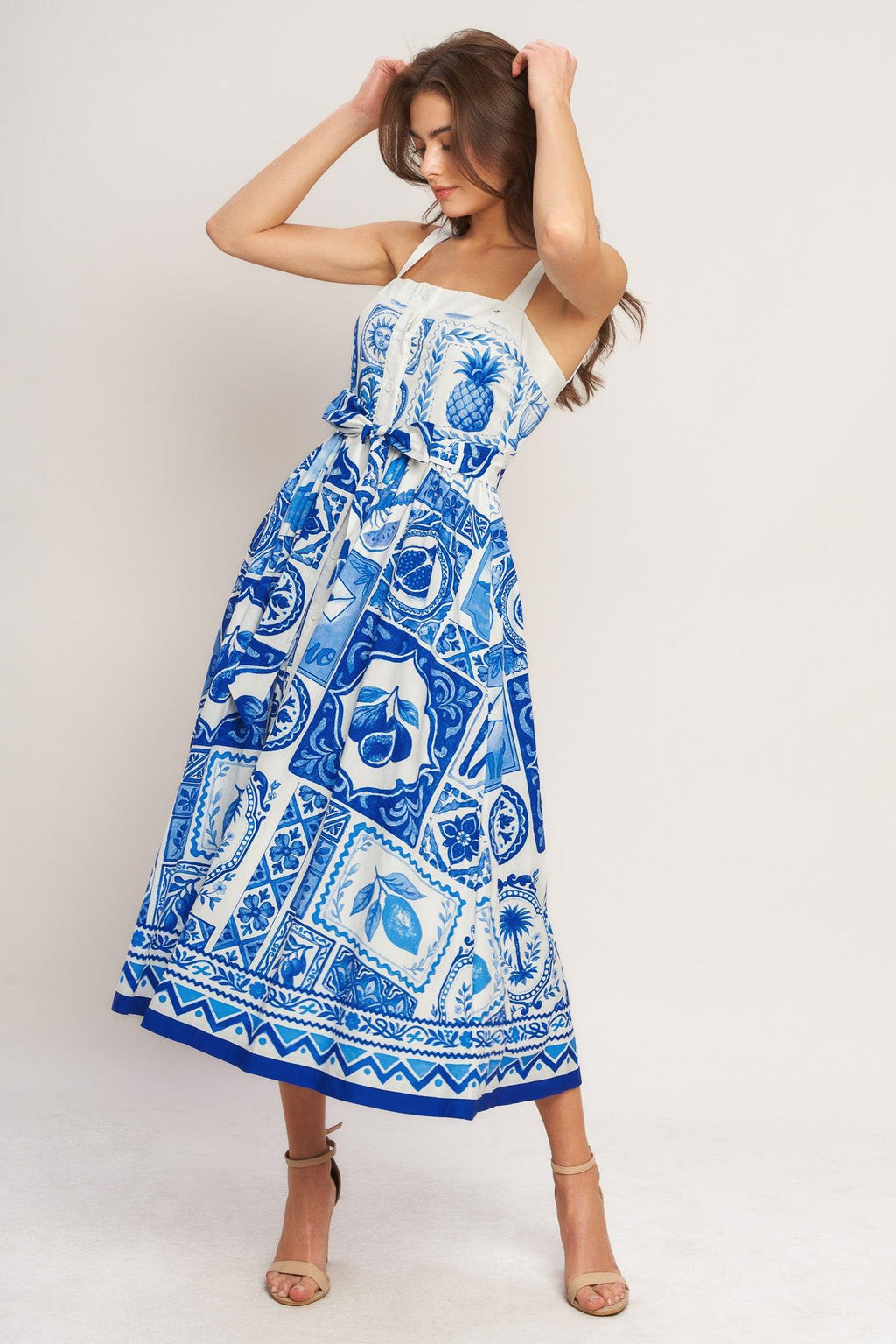 BLUE MAJOLICA CHARM WOVEN MIDI DRESS Flying Tomato