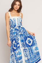 BLUE MAJOLICA CHARM WOVEN MIDI DRESS Flying Tomato