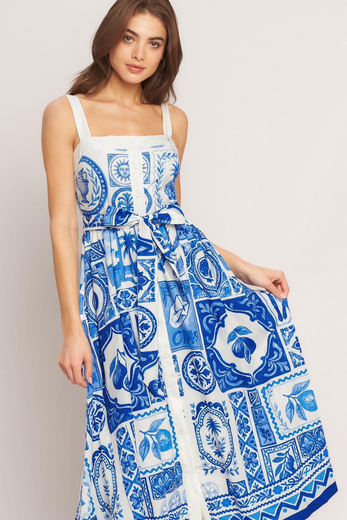 BLUE MAJOLICA CHARM WOVEN MIDI DRESS Flying Tomato