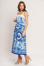 BLUE MAJOLICA CHARM WOVEN MIDI DRESS Flying Tomato